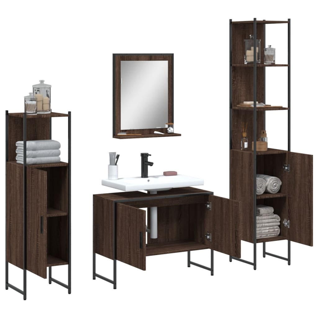 4 Piece Bathroom Cabinet Set Brown Oak Engineered Wood