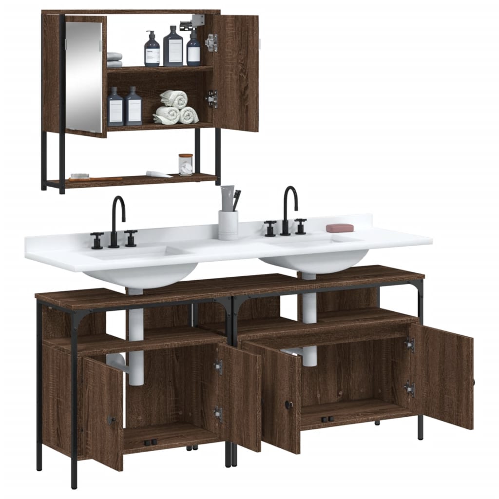 3 Piece Bathroom Furniture Set Brown Oak Engineered Wood