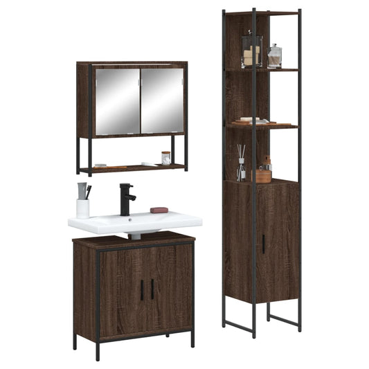 3 Piece Bathroom Furniture Set Brown Oak Engineered Wood