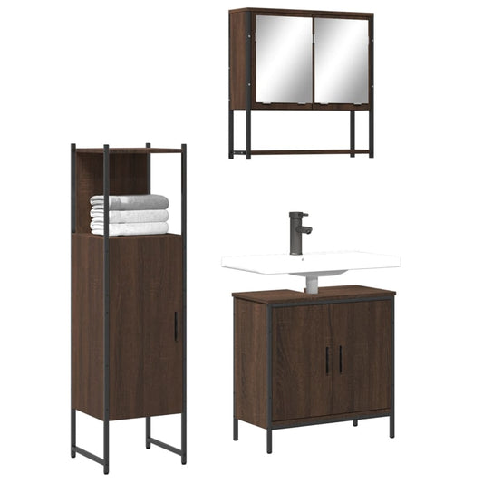 3 Piece Bathroom Furniture Set Brown Oak Engineered Wood