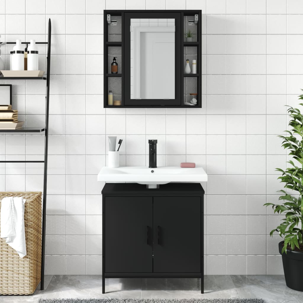 2 Piece Bathroom Furniture Set Black Engineered Wood