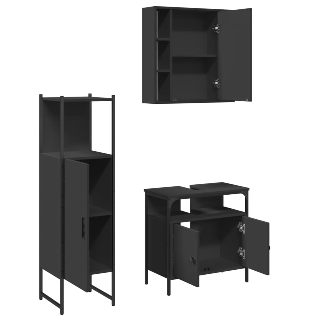 3 Piece Bathroom Cabinet Set Black Engineered Wood