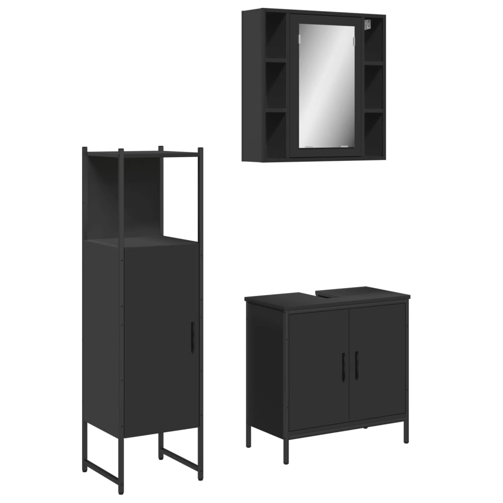 3 Piece Bathroom Cabinet Set Black Engineered Wood