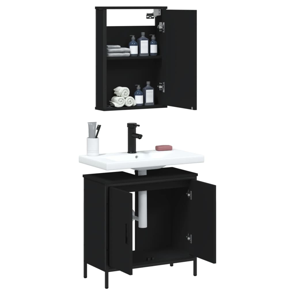 2 Piece Bathroom Furniture Set Black Engineered Wood