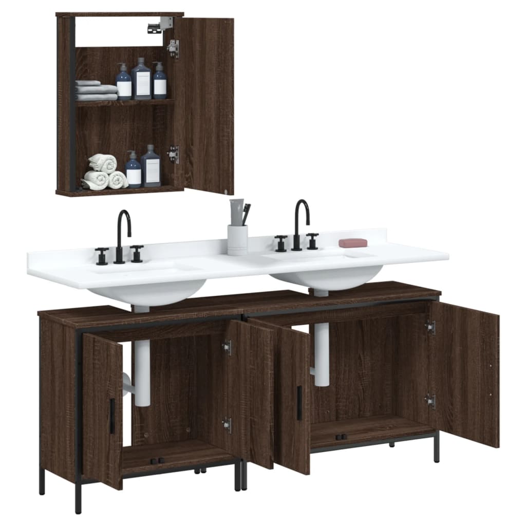 3 Piece Bathroom Furniture Set Brown Oak Engineered Wood