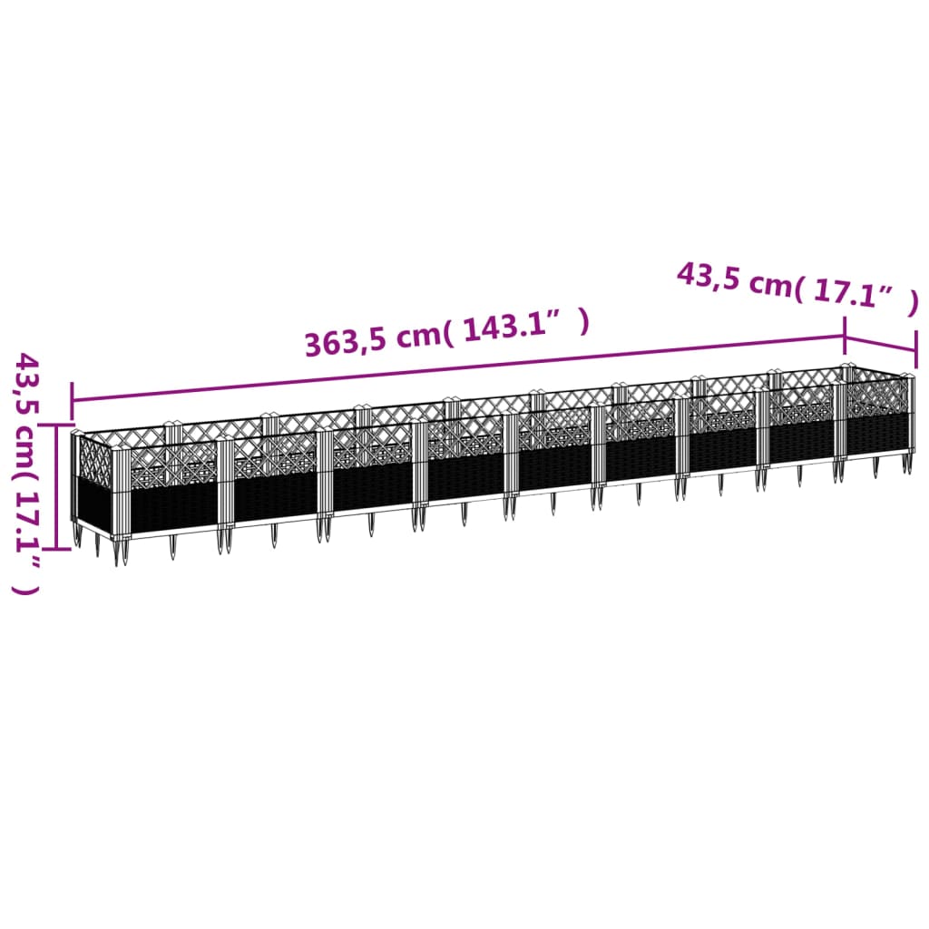 Garden Planter with Pegs Black 363.5x43.5x43.5 cm PP