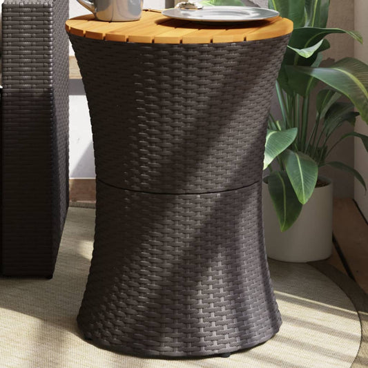 Garden Side Table Drum Shape Black Poly Rattan and Solid Wood