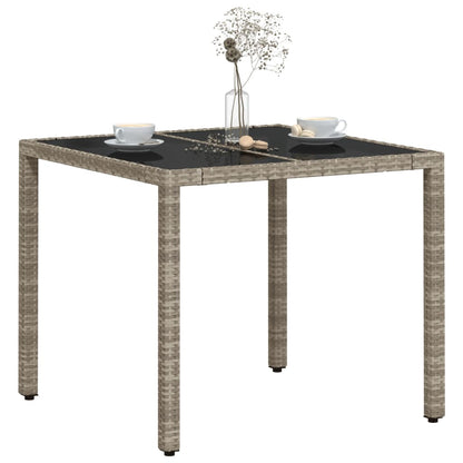 Garden Table with Glass Top Light Grey 90x90x75 cm Poly Rattan