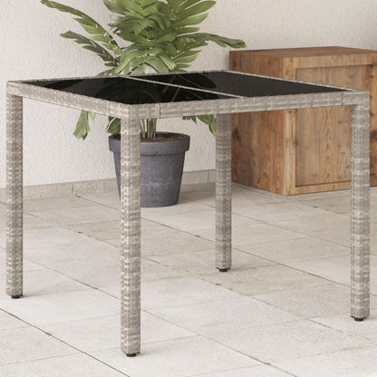 Garden Table with Glass Top Light Grey 90x90x75 cm Poly Rattan