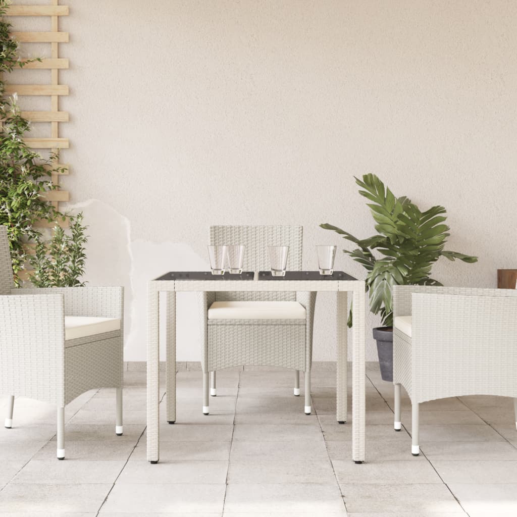 Garden Table with Glass Top White 90x90x75 cm Poly Rattan