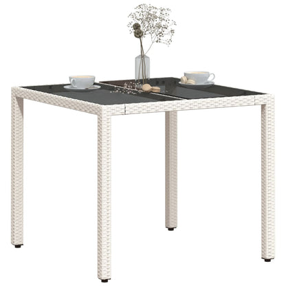 Garden Table with Glass Top White 90x90x75 cm Poly Rattan