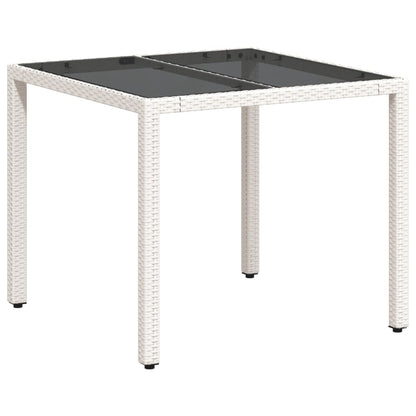 Garden Table with Glass Top White 90x90x75 cm Poly Rattan