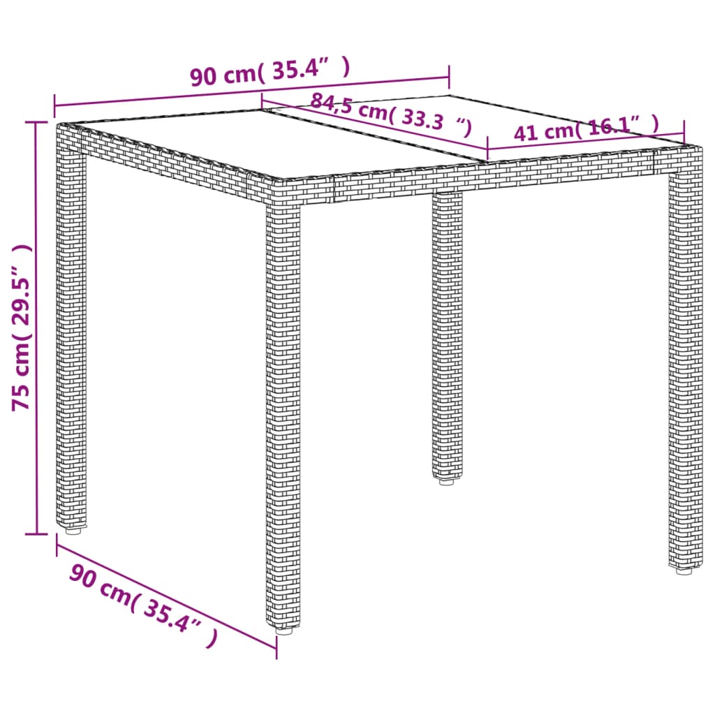 Garden Table with Glass Top White 90x90x75 cm Poly Rattan