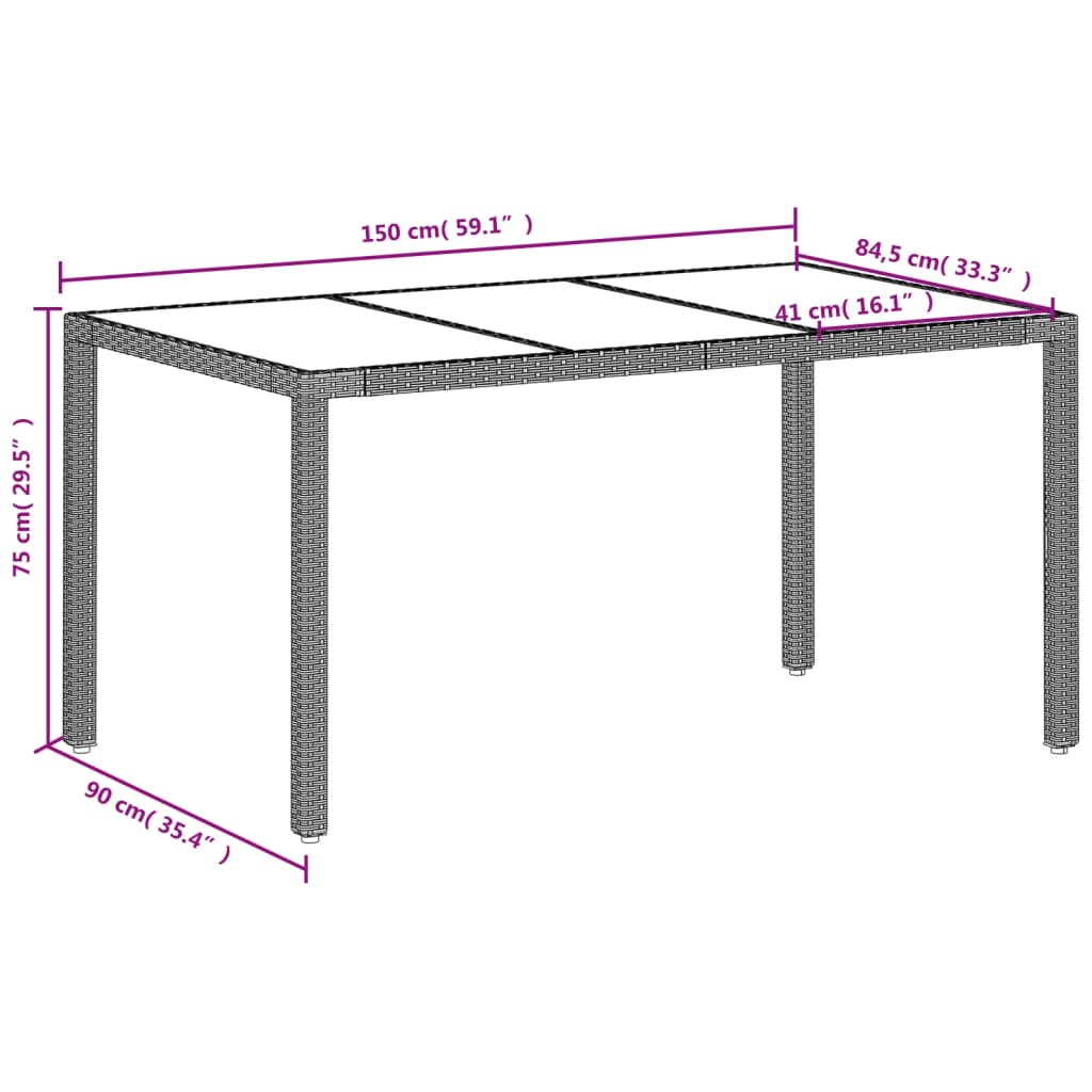 Garden Table with Glass Top Light Grey 150x90x75 cm Poly Rattan