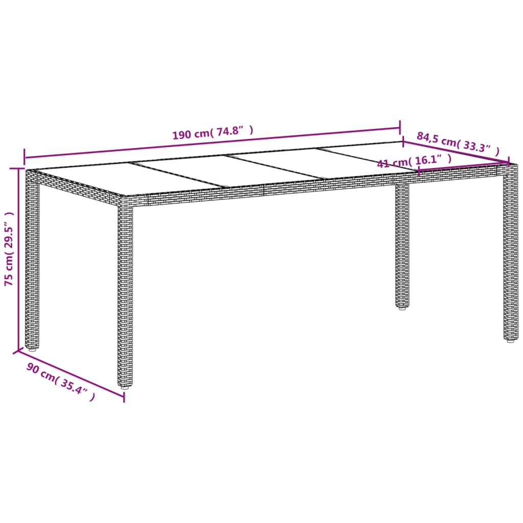 Garden Table with Glass Top White 190x90x75 cm Poly Rattan