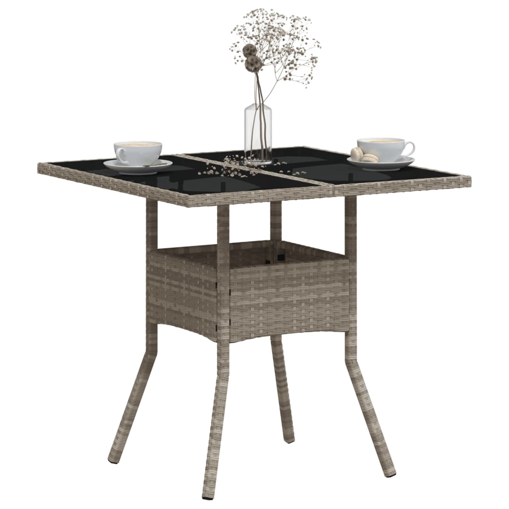 Garden Table with Glass Top Light Grey 80x80x75 cm Poly Rattan