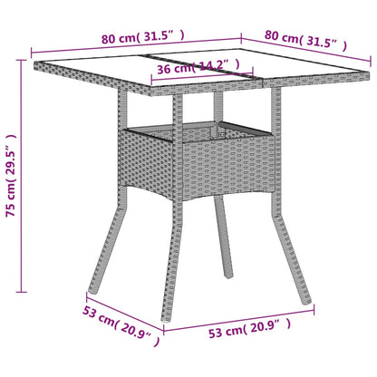 Garden Table with Glass Top Light Grey 80x80x75 cm Poly Rattan