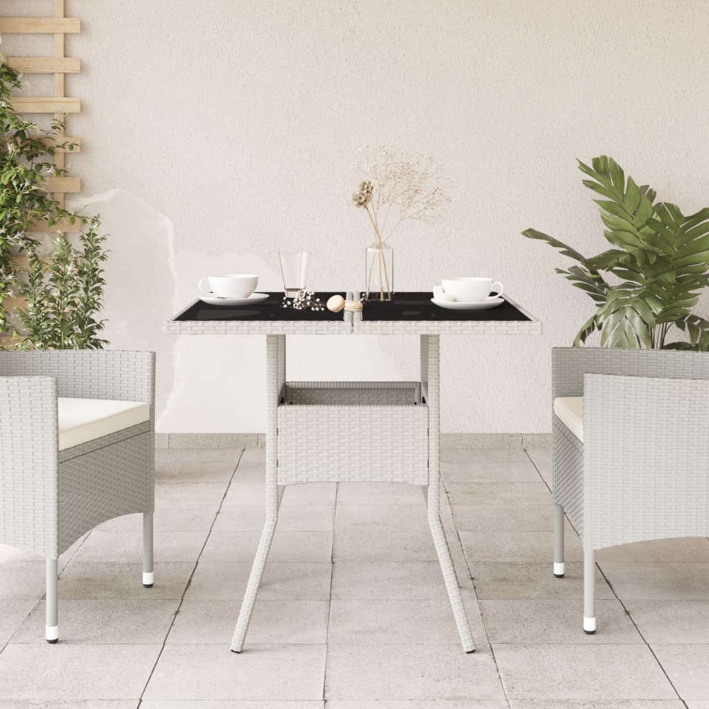 Garden Table with Glass Top White 80x80x75 cm Poly Rattan