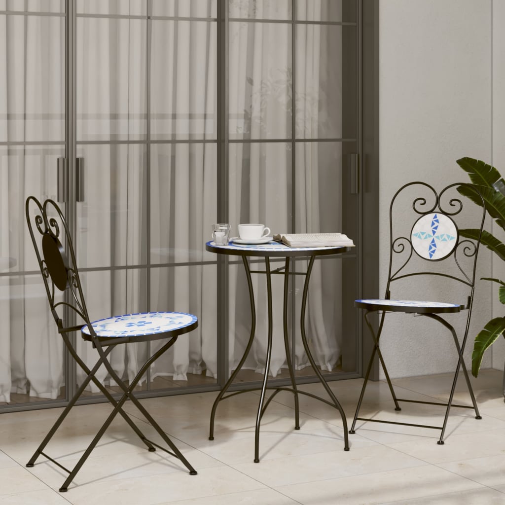 Mosaic Bistro Set Blue and White Iron and Ceramic