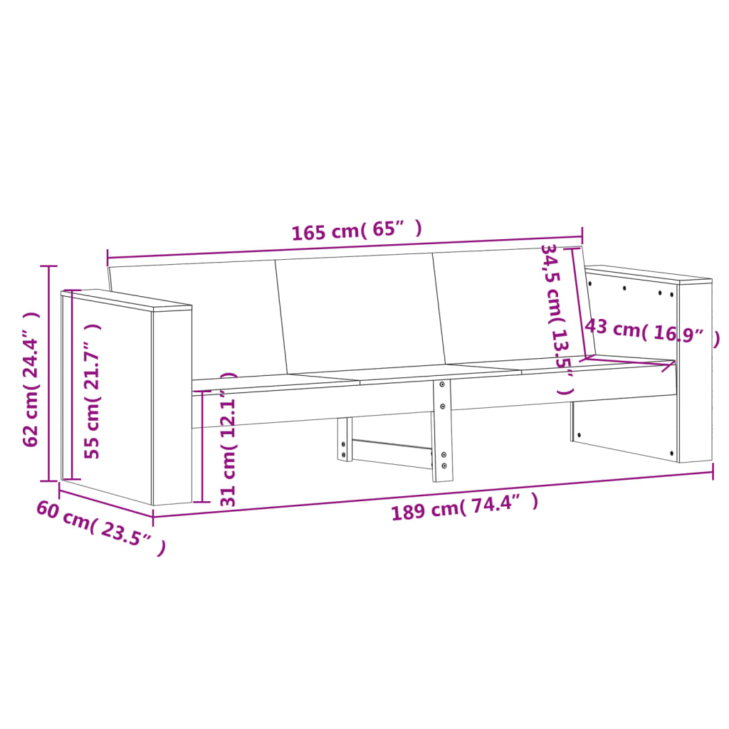 Garden Sofa 3-Seater White 189x60x62 cm Solid Wood Pine