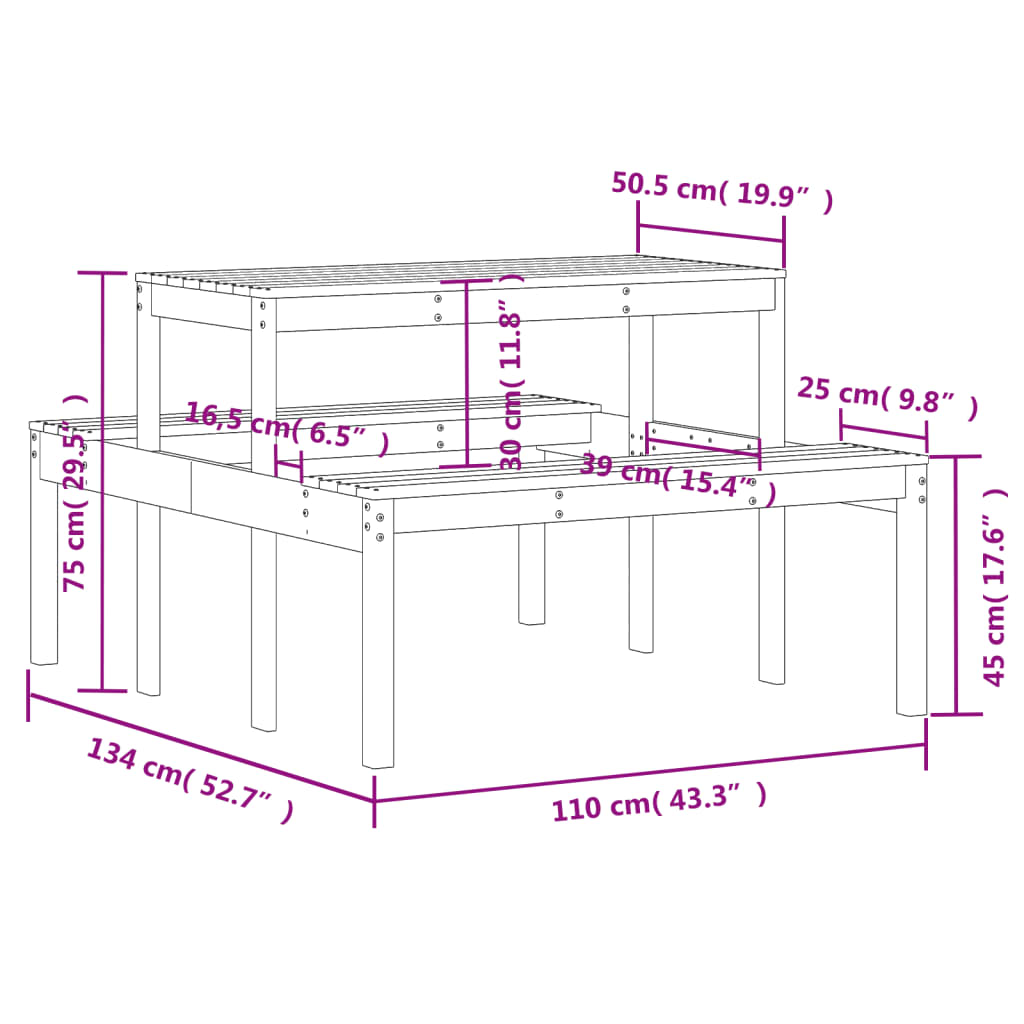 Picnic Table Wax Brown 110x134x75 cm Solid Wood Pine