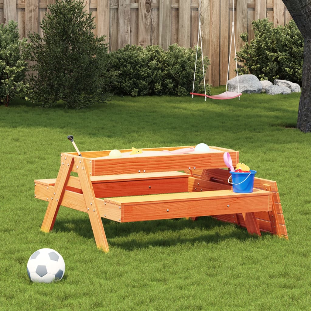 Picnic Table with Sandpit for Kids Wax Brown Solid Wood Pine