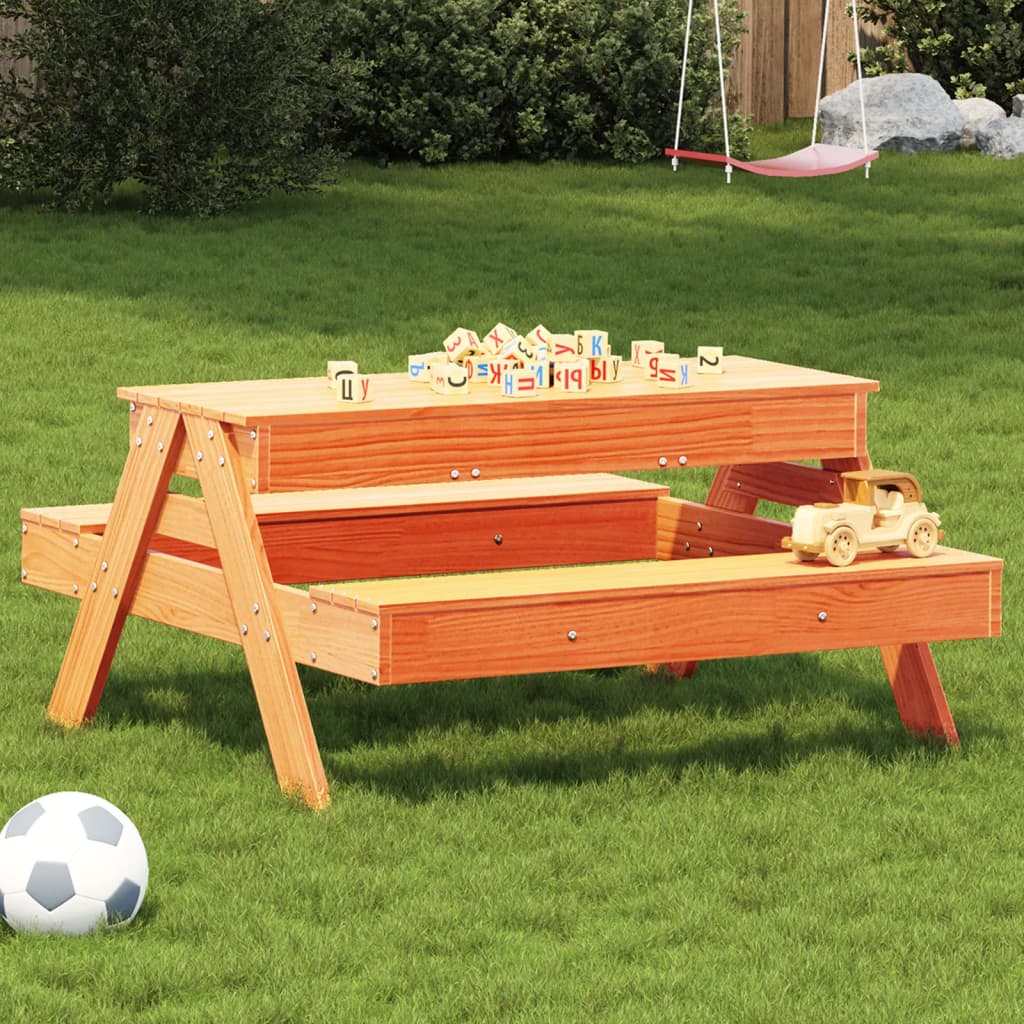 Picnic Table with Sandpit for Kids Wax Brown Solid Wood Pine