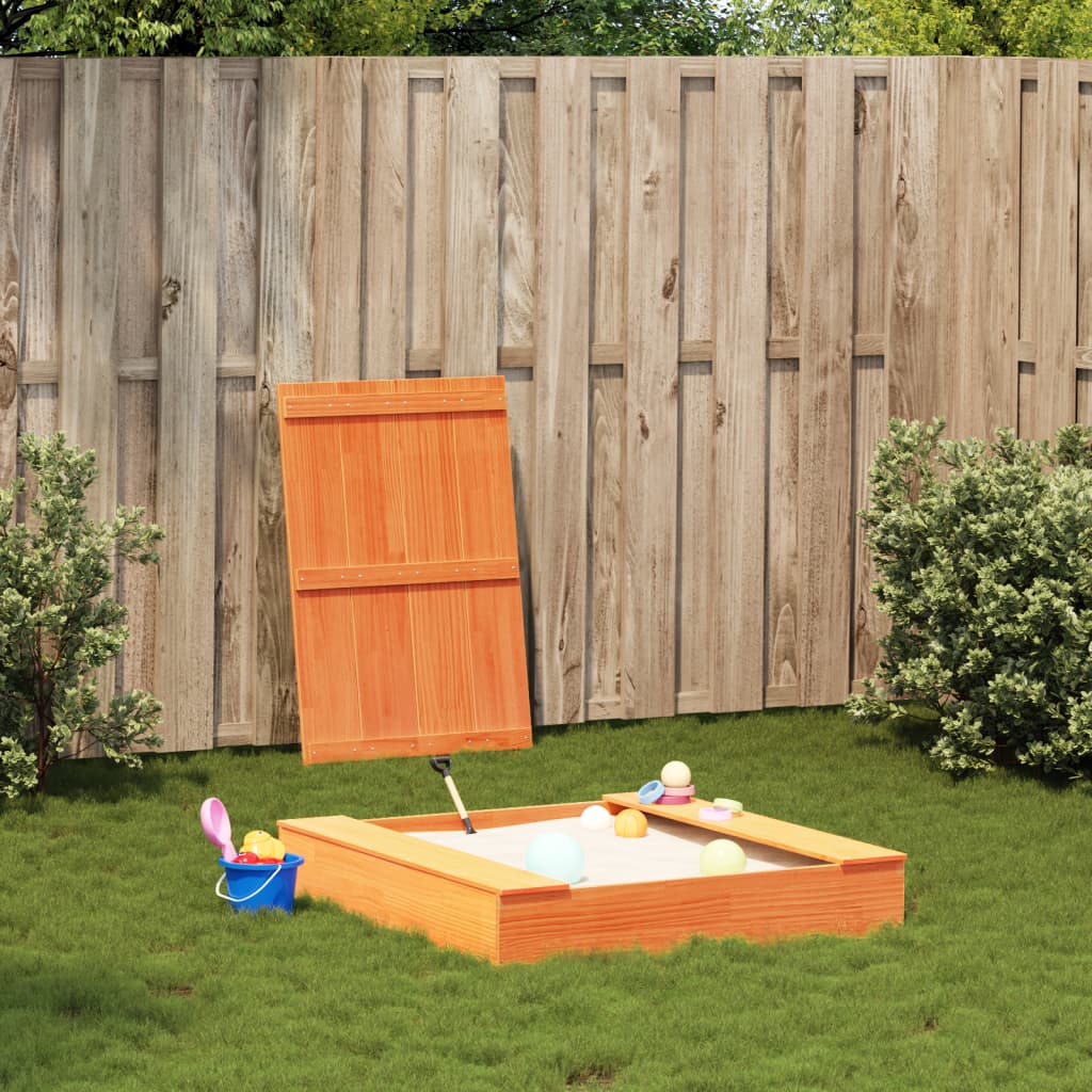 Sandpit with Cover Wax Brown 111x111x19.5 cm Solid Wood Pine