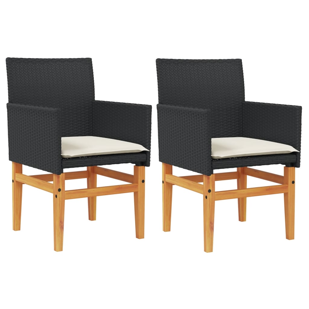 Garden Chairs with Cushions 2 pcs Black Poly Rattan&Solid Wood