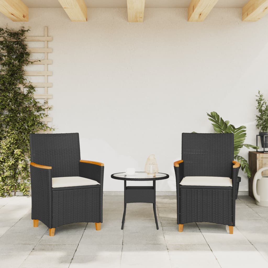 Garden Chairs with Cushions 2 pcs Black Poly Rattan&Solid Wood
