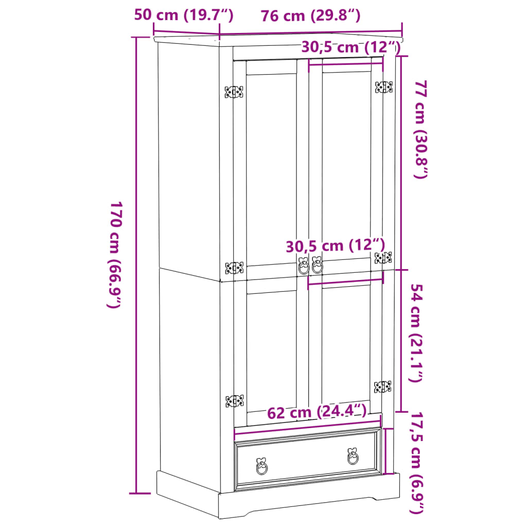 Wardrobe Corona 76x50x170 cm Solid Wood Pine