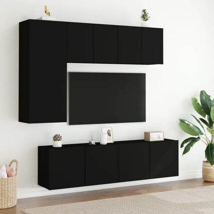 5 Piece TV Wall Units Black Engineered Wood