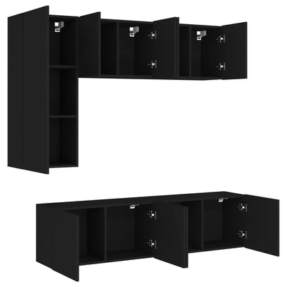 5 Piece TV Wall Units Black Engineered Wood