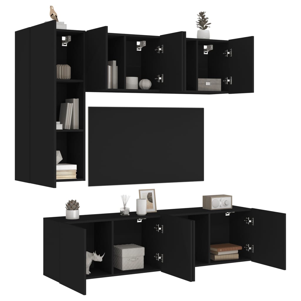 5 Piece TV Wall Units Black Engineered Wood