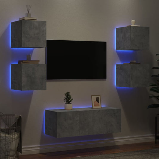 6 Piece TV Wall Units with LED Concrete Grey Engineered Wood