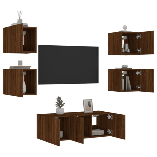 6 Piece TV Wall Units with LED Brown Oak Engineered Wood
