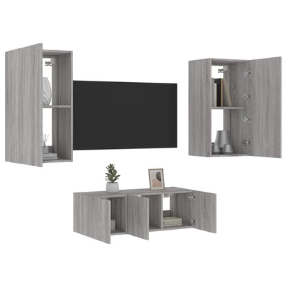 4 Piece TV Wall Units with LED Grey Sonoma Engineered Wood