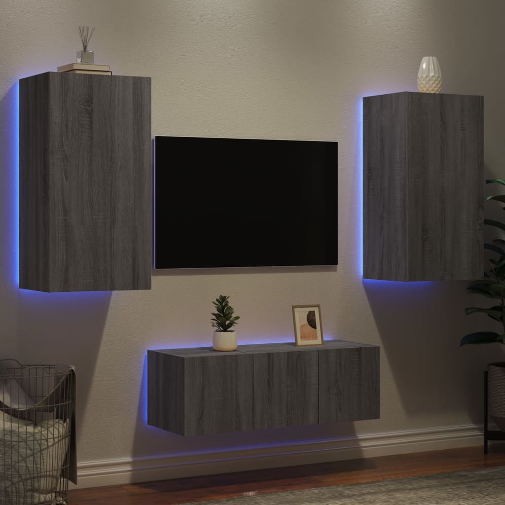 4 Piece TV Wall Units with LED Grey Sonoma Engineered Wood