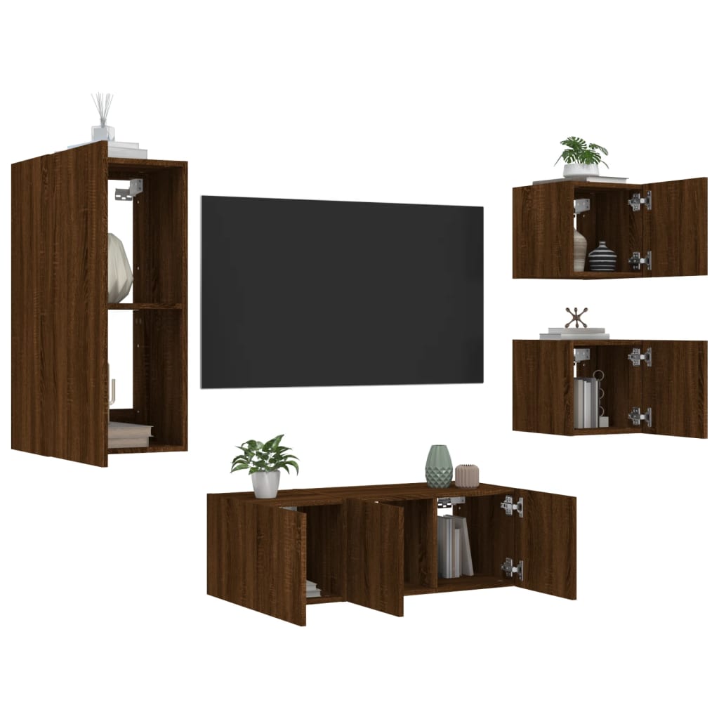 5 Piece TV Wall Units with LED Brown Oak Engineered Wood