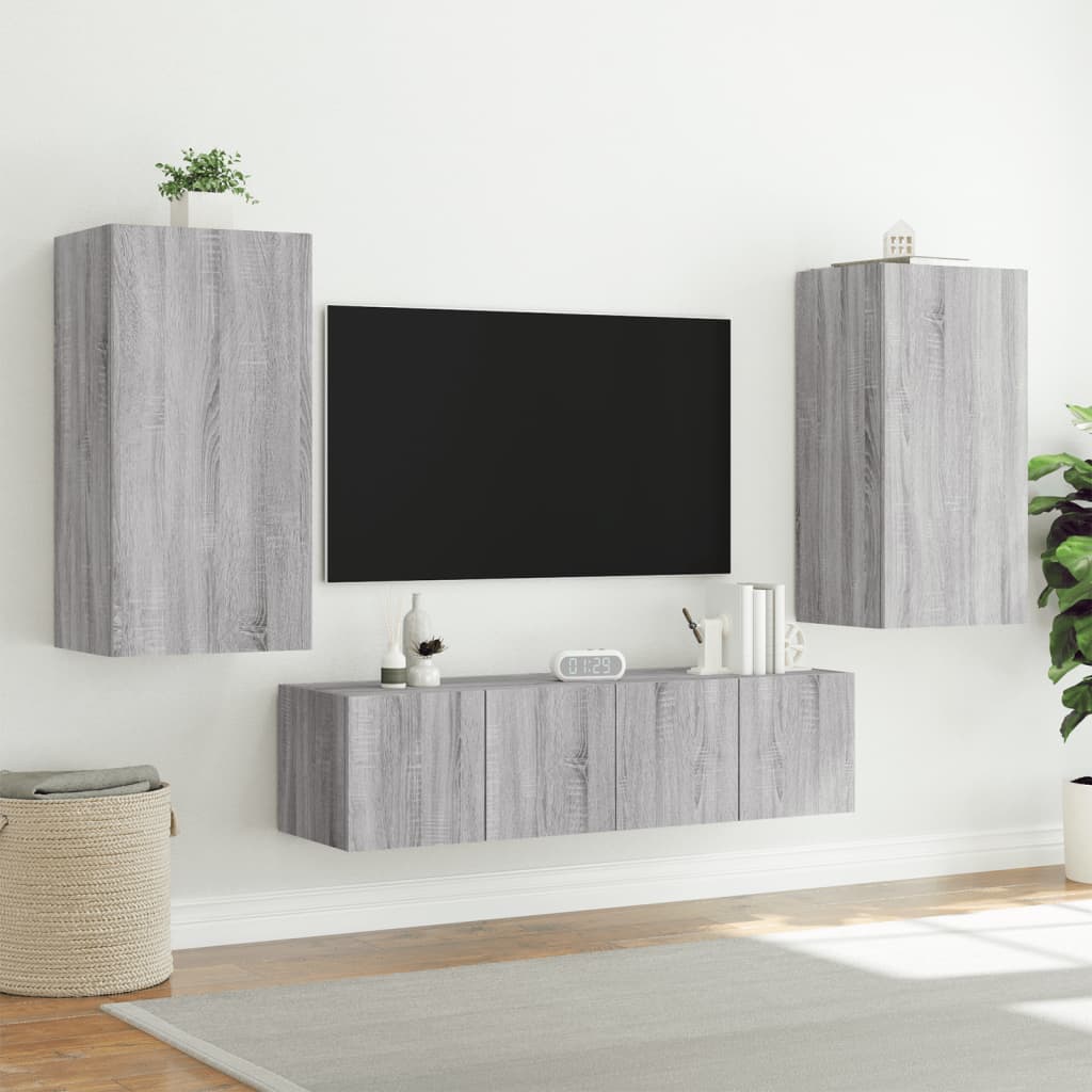 4 Piece TV Wall Units with LED Grey Sonoma Engineered Wood