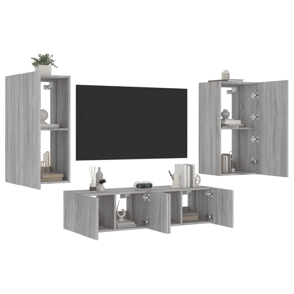 4 Piece TV Wall Units with LED Grey Sonoma Engineered Wood