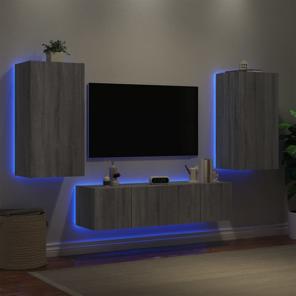 4 Piece TV Wall Units with LED Grey Sonoma Engineered Wood