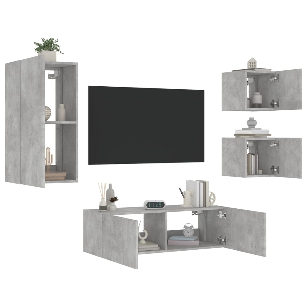 4 Piece TV Wall Cabinets with LED Lights Concrete Grey