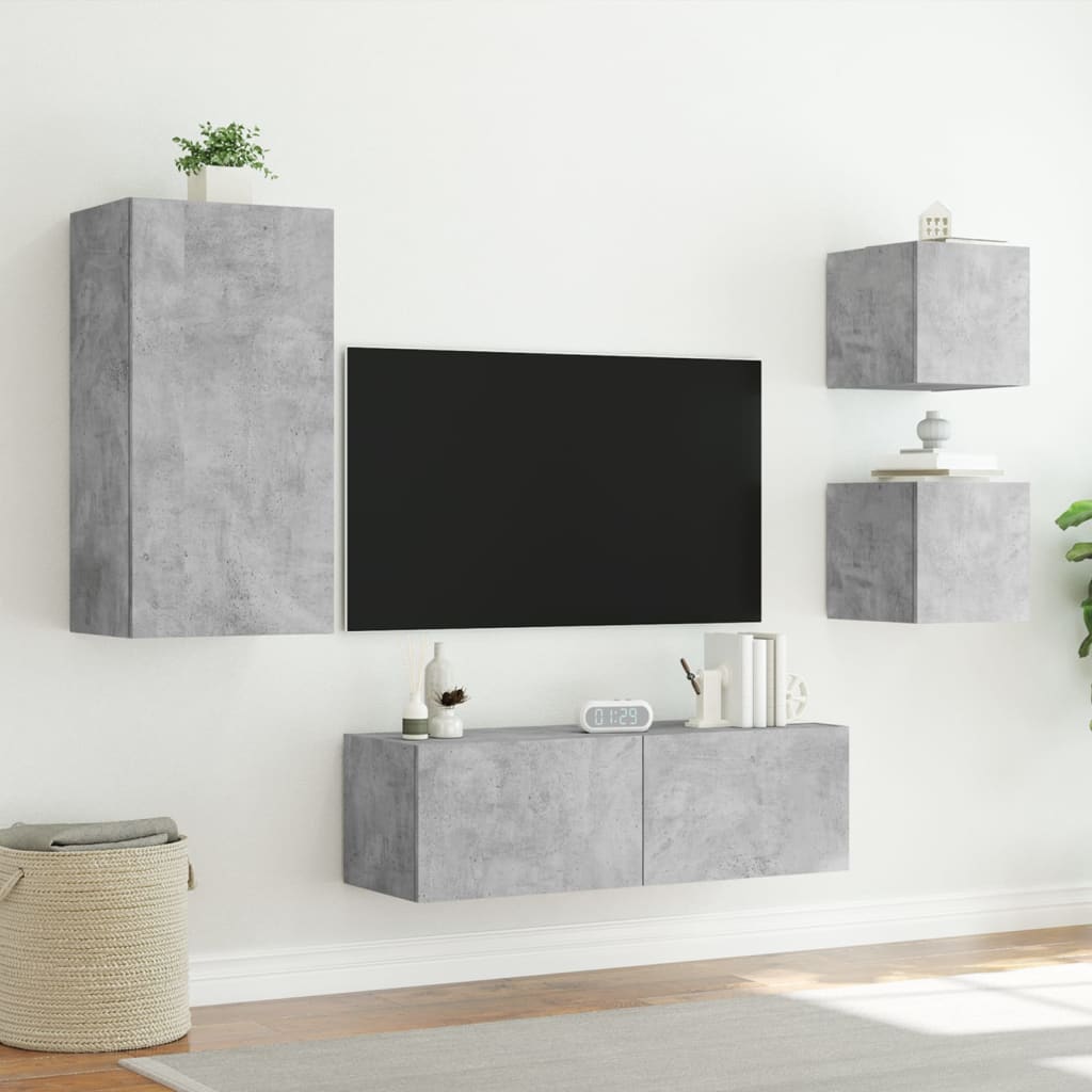 4 Piece TV Wall Cabinets with LED Lights Concrete Grey