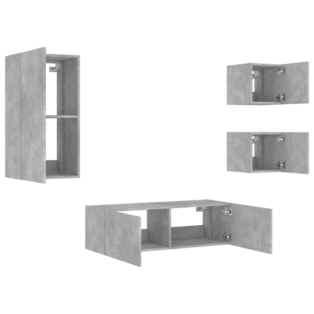 4 Piece TV Wall Cabinets with LED Lights Concrete Grey