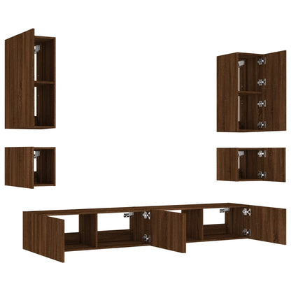 6 Piece TV Wall Cabinets with LED Lights Brown Oak