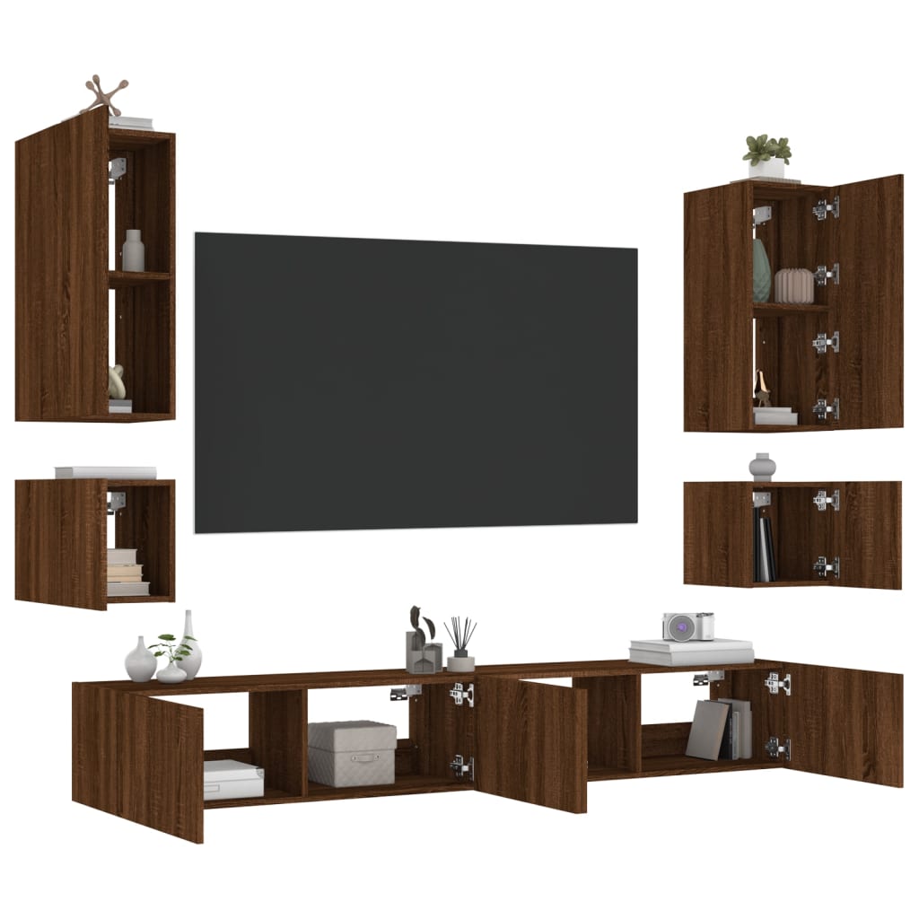 6 Piece TV Wall Cabinets with LED Lights Brown Oak