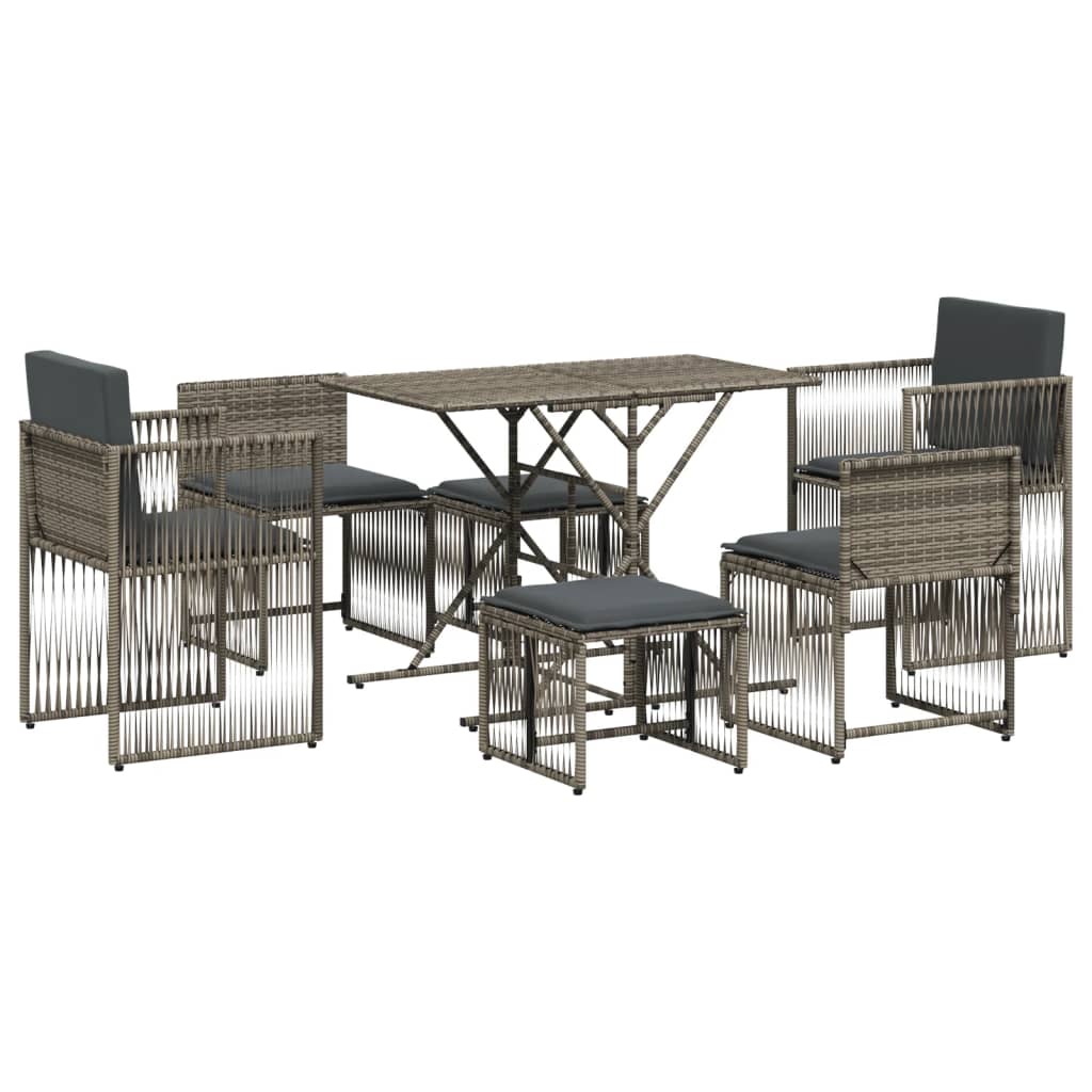 7 Piece Garden Dining Set with Cushions Grey Poly Rattan