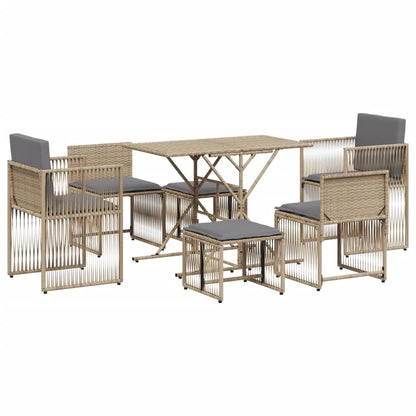 7 Piece Garden Dining Set with Cushions Beige Poly Rattan