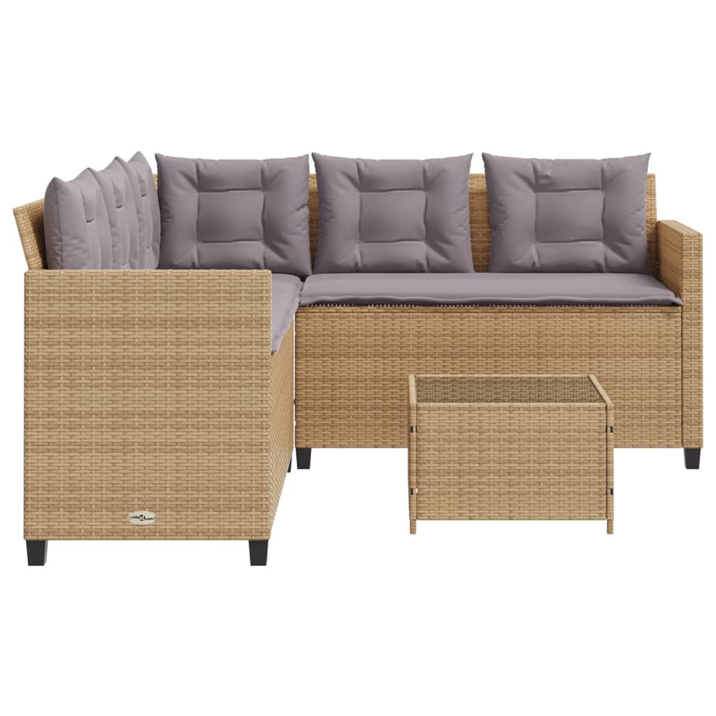 Garden Sofa with Table and Cushions L-Shaped Beige Poly Rattan